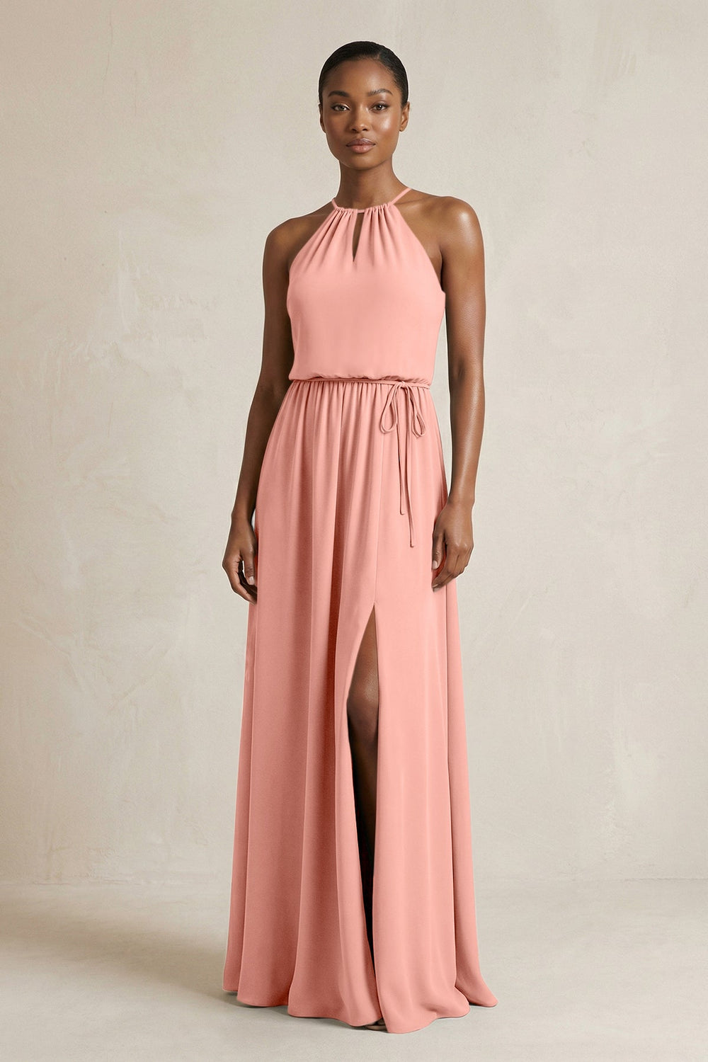 Halter Sheath Ruched Chiffon Bridesmaid Dress in Rosette