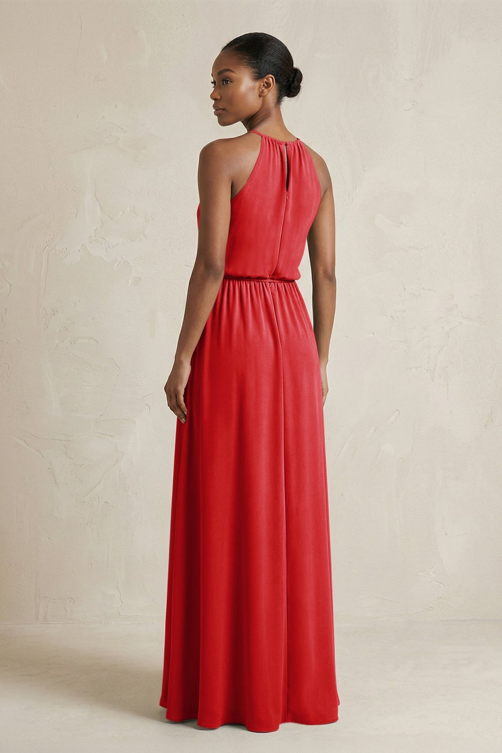 Halter Sheath Ruched Chiffon Bridesmaid Dress in Ruby Red