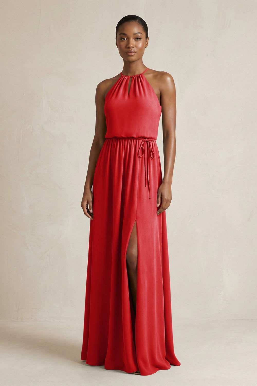 Halter Sheath Ruched Chiffon Bridesmaid Dress in Ruby Red
