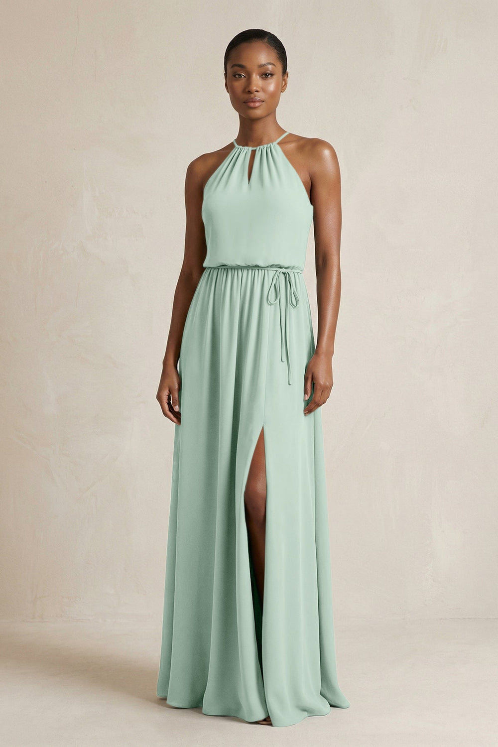 Halter Sheath Ruched Chiffon Bridesmaid Dress in Sage