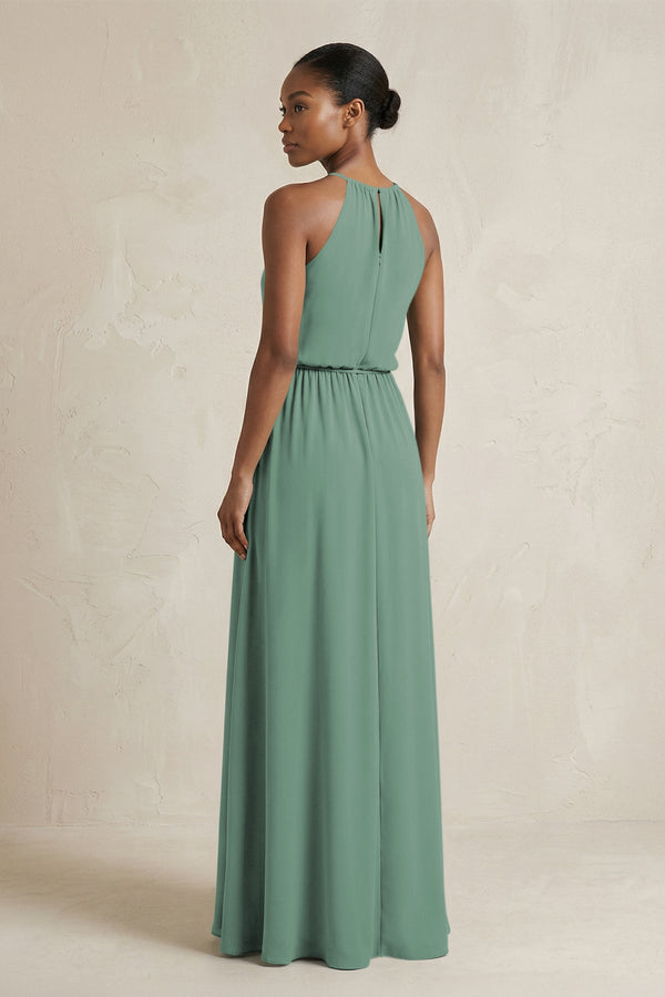 Halter Sheath Ruched Chiffon Bridesmaid Dress in Sea Glass (2) | KISSBRIDAL