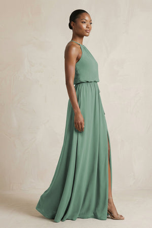 Halter Sheath Ruched Chiffon Bridesmaid Dress in Sea Glass (3) | KISSBRIDAL