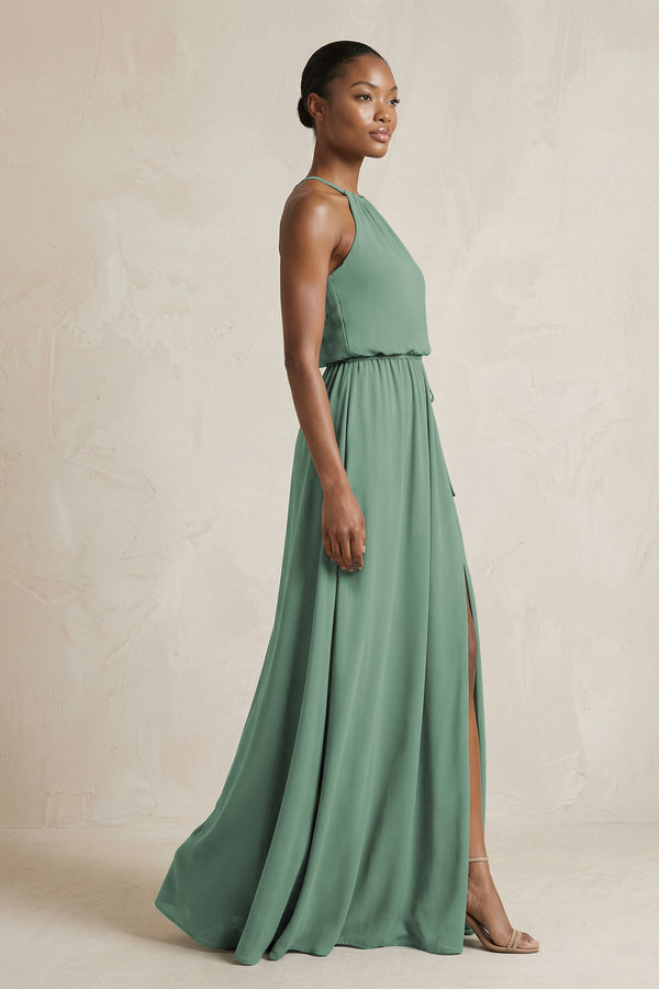 Halter Sheath Ruched Chiffon Bridesmaid Dress in Sea Glass (3) | KISSBRIDAL