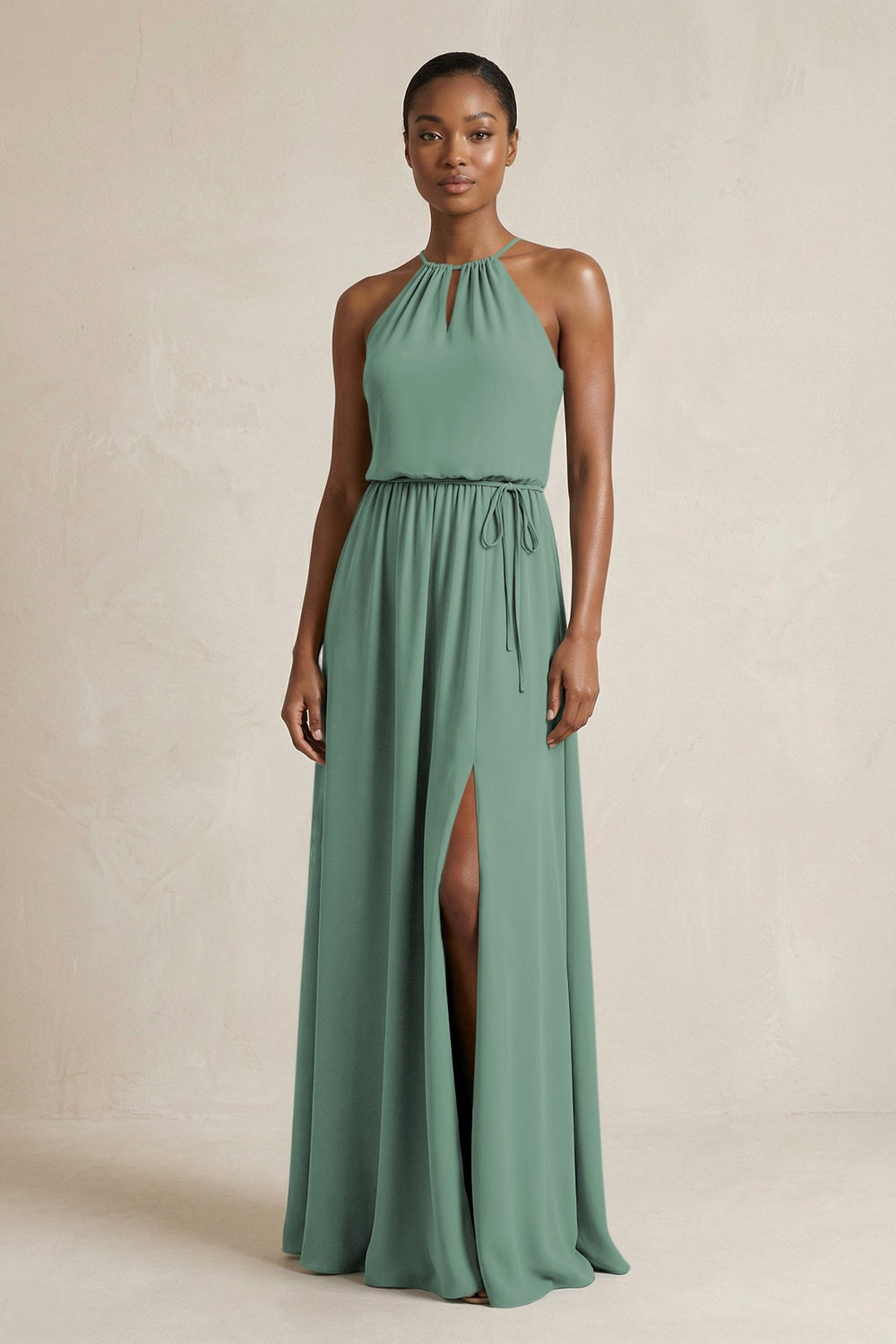 Halter Sheath Ruched Chiffon Bridesmaid Dress in Sea Glass