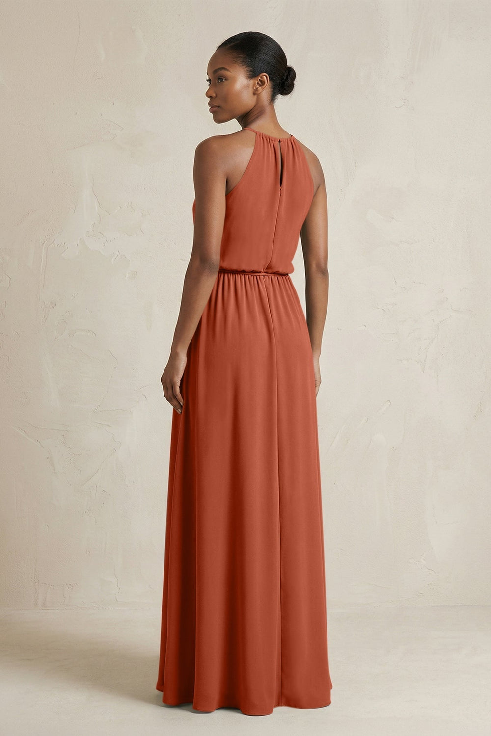 Halter Sheath Ruched Chiffon Bridesmaid Dress in Spice