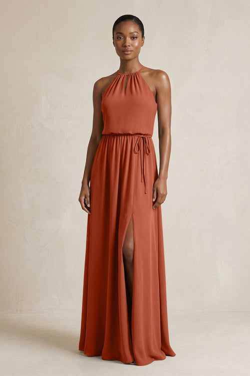 Halter Sheath Ruched Chiffon Bridesmaid Dress in Spice - KISS BRIDAL Bridesmaid Dresses