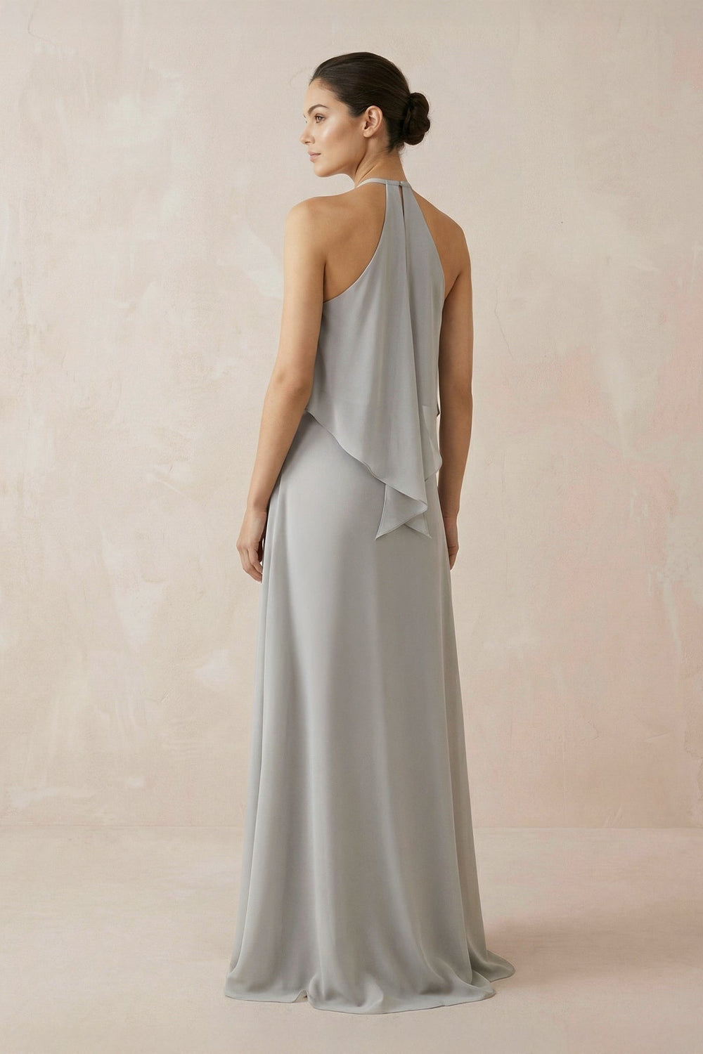 Halter Sheath Ruffled Chiffon Bridesmaid Dress in Silver
