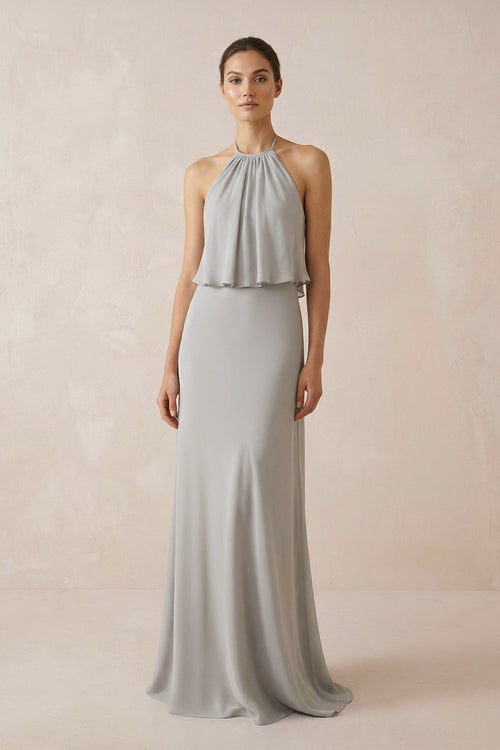 Halter Sheath Ruffled Chiffon Bridesmaid Dress - KISS BRIDAL Bridesmaid Dresses