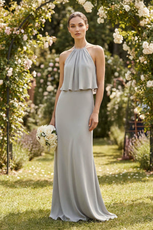 Halter Sheath Ruffled Chiffon Bridesmaid Dress - KISS BRIDAL Bridesmaid Dresses