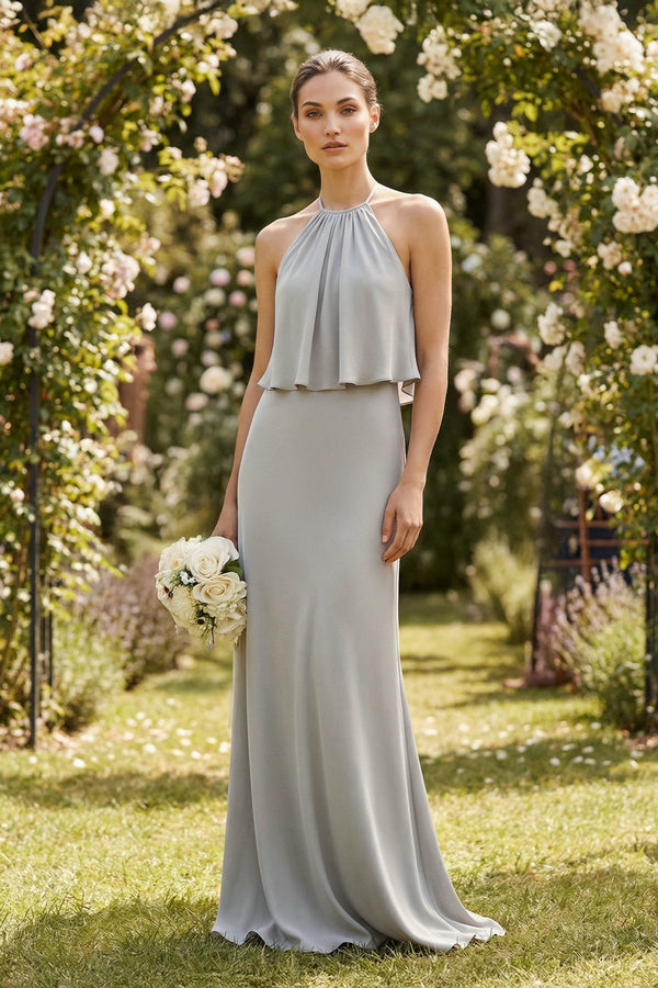 Halter Sheath Ruffled Chiffon Bridesmaid Dress - KISS BRIDAL Bridesmaid Dresses
