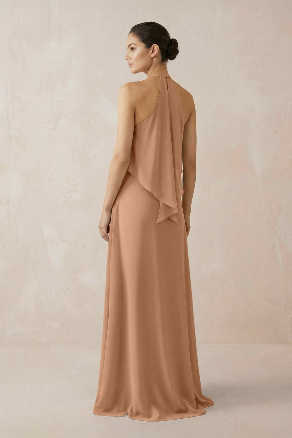 Halter Sheath Ruffled Chiffon Bridesmaid Dress in Bronzer