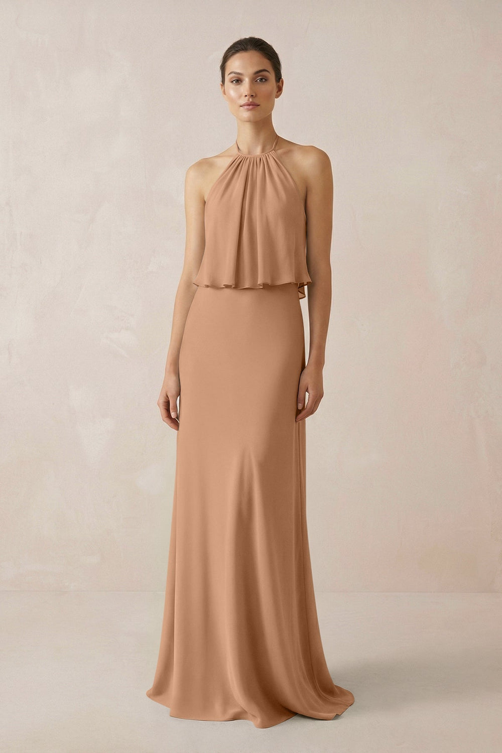 Halter Sheath Ruffled Chiffon Bridesmaid Dress in Bronzer