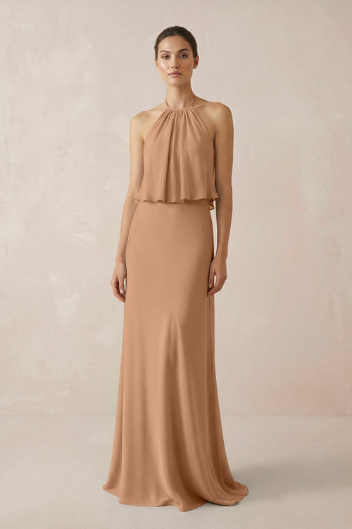 Halter Sheath Ruffled Chiffon Bridesmaid Dress in Bronzer - KISS BRIDAL Bridesmaid Dresses