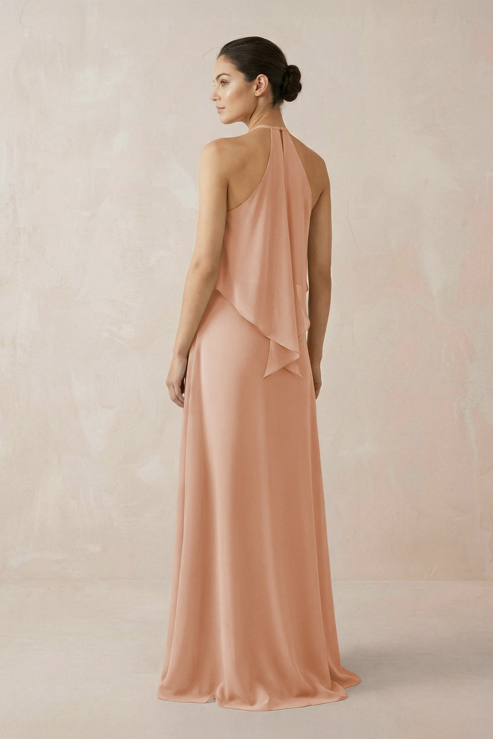 Halter Sheath Ruffled Chiffon Bridesmaid Dress in Champagne Rose