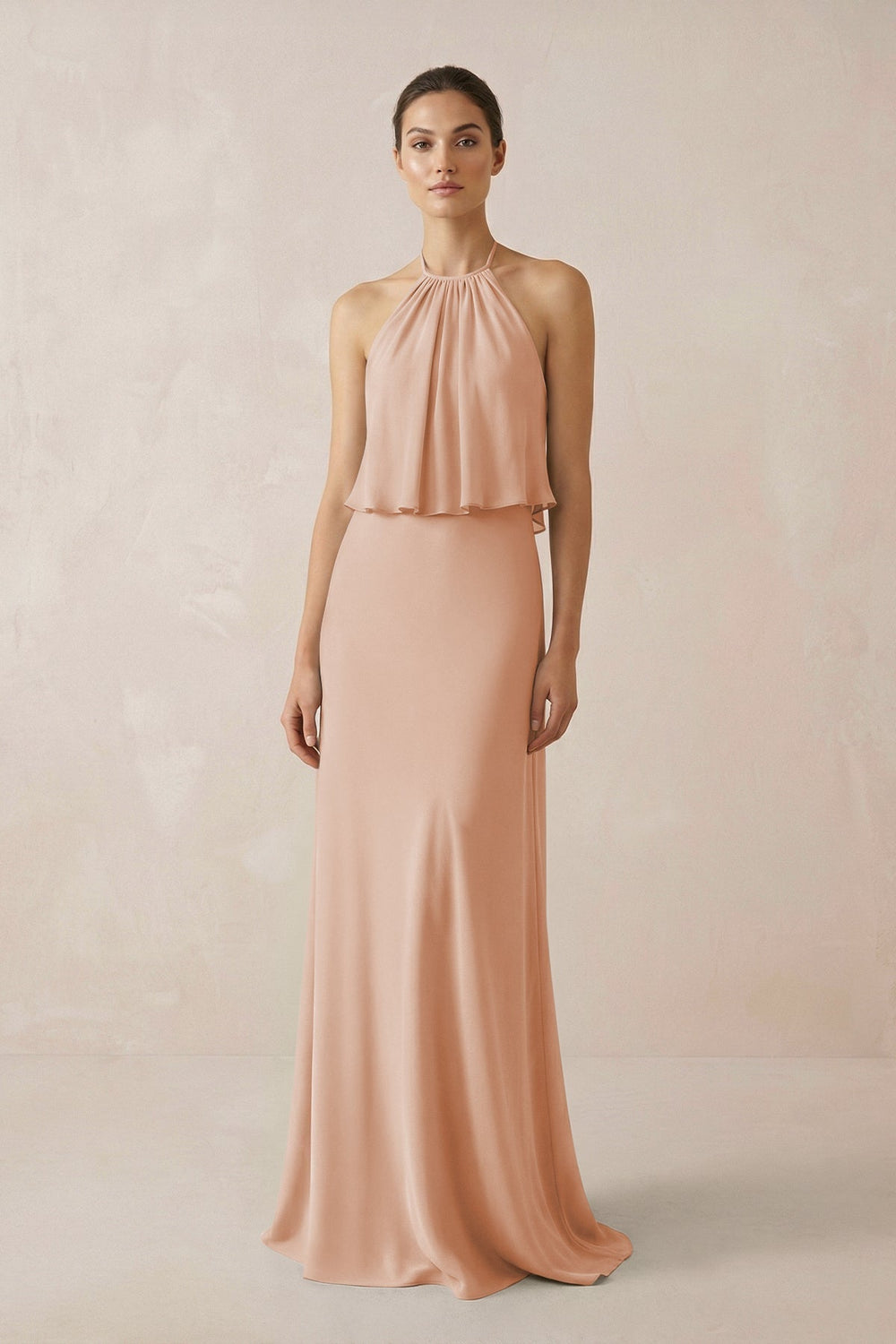 Halter Sheath Ruffled Chiffon Bridesmaid Dress in Champagne Rose