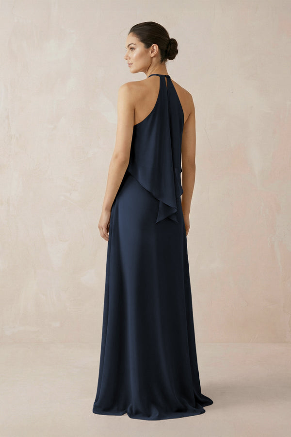 Halter Sheath Ruffled Chiffon Bridesmaid Dress in Dark Navy - KISS BRIDAL Bridesmaid Dresses