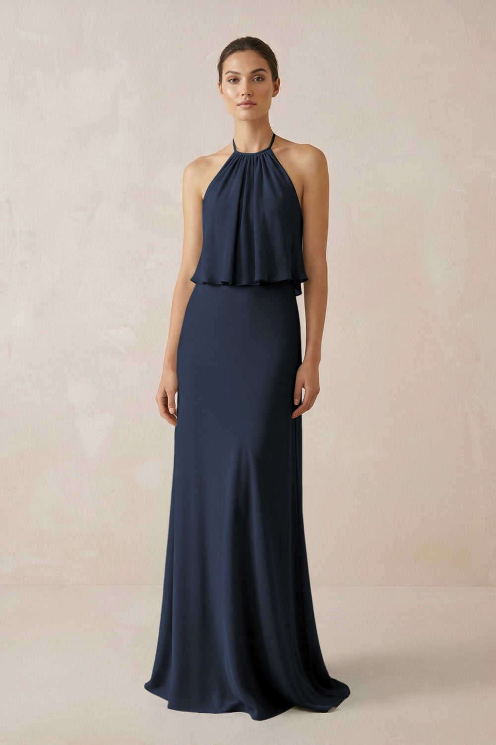 Halter Sheath Ruffled Chiffon Bridesmaid Dress in Dark Navy