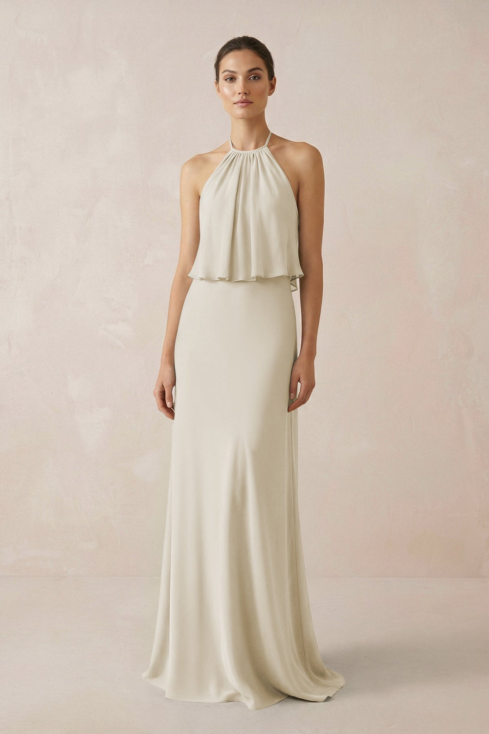 Halter Sheath Ruffled Chiffon Bridesmaid Dress in Dove Gray