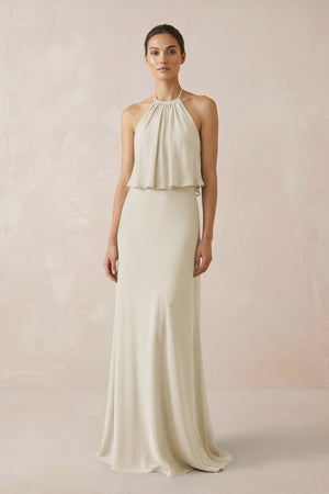 Halter Sheath Ruffled Chiffon Bridesmaid Dress in Dove Gray - KISS BRIDAL Bridesmaid Dresses