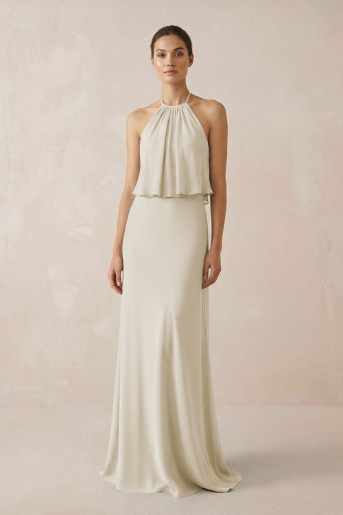 Halter Sheath Ruffled Chiffon Bridesmaid Dress in Dove Gray - KISS BRIDAL Bridesmaid Dresses