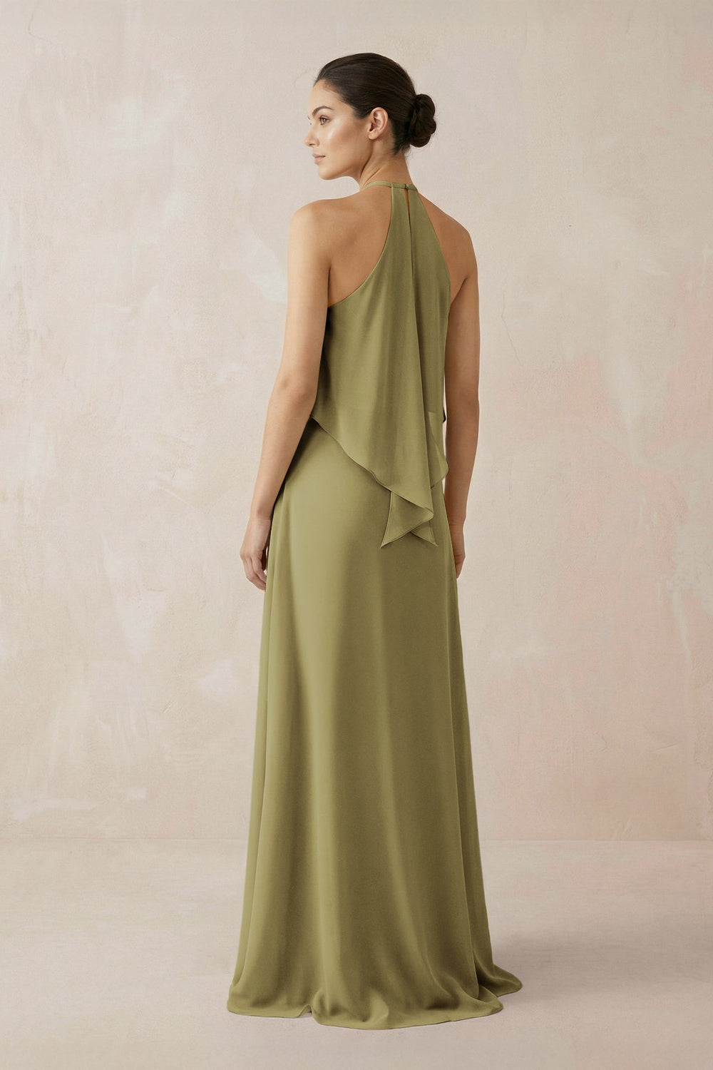 Halter Sheath Ruffled Chiffon Bridesmaid Dress in Moss Green