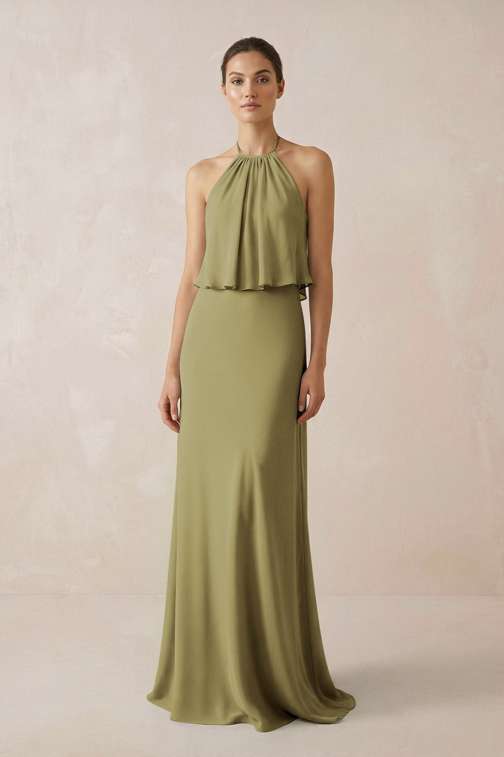 Halter Sheath Ruffled Chiffon Bridesmaid Dress in Moss Green