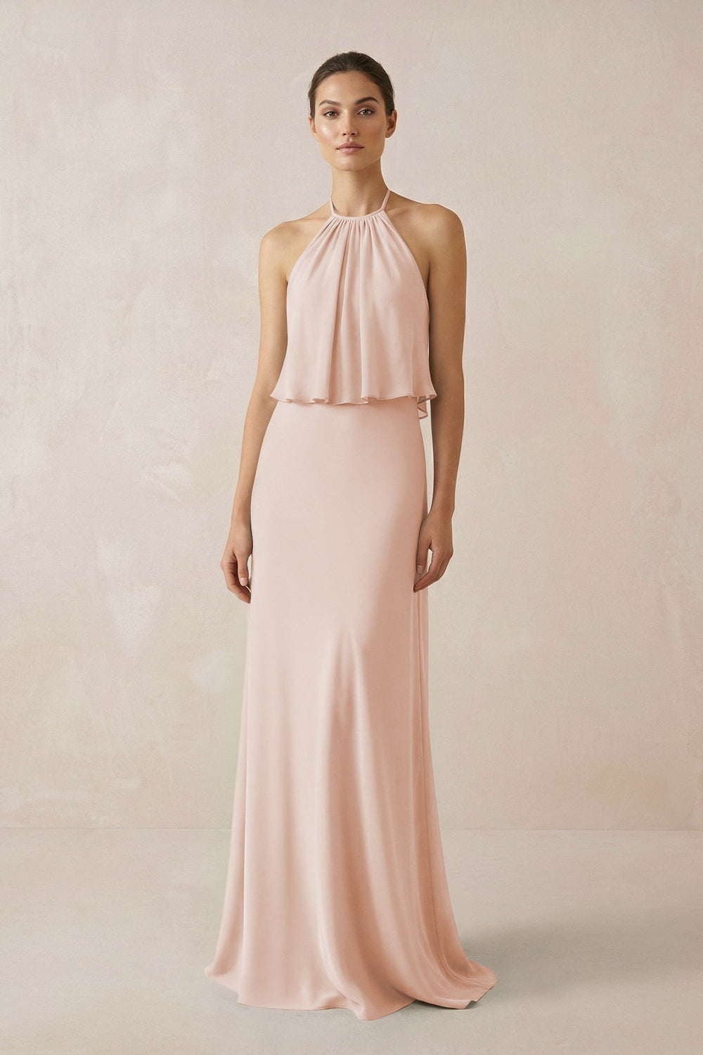 Halter Sheath Ruffled Chiffon Bridesmaid Dress in Pale Blush