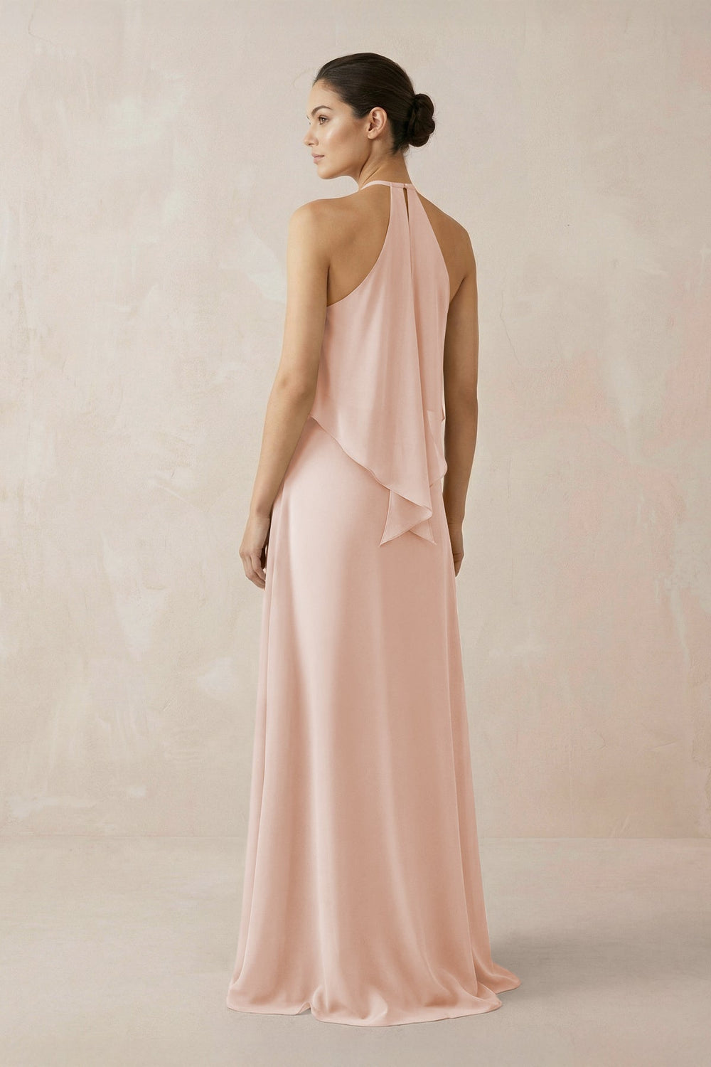 Halter Sheath Ruffled Chiffon Bridesmaid Dress in Pale Blush