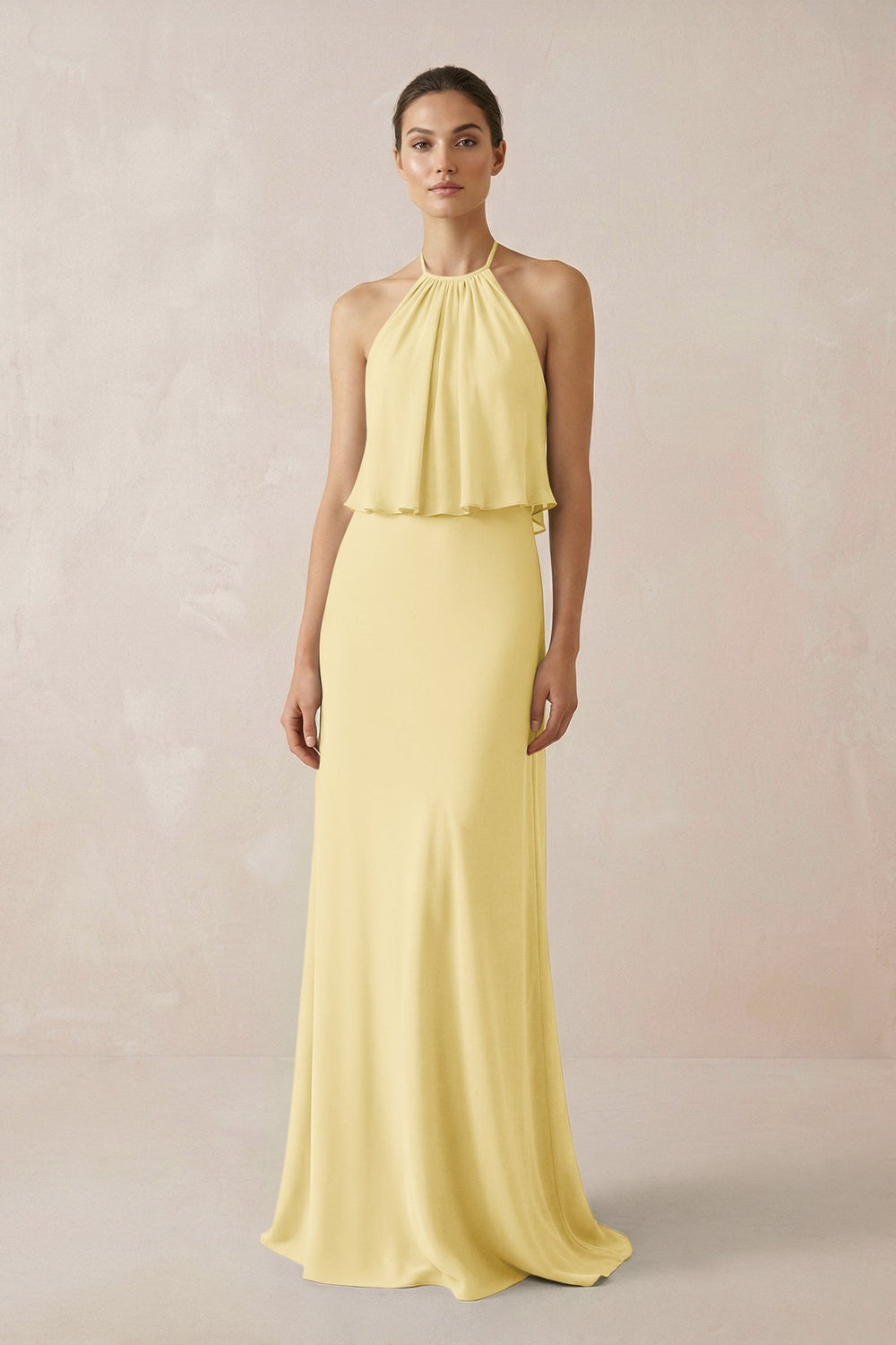 Halter Sheath Ruffled Chiffon Bridesmaid Dress in Pastel Yellow