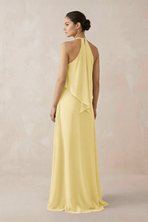 Halter Sheath Ruffled Chiffon Bridesmaid Dress in Pastel Yellow - KISS BRIDAL Bridesmaid Dresses
