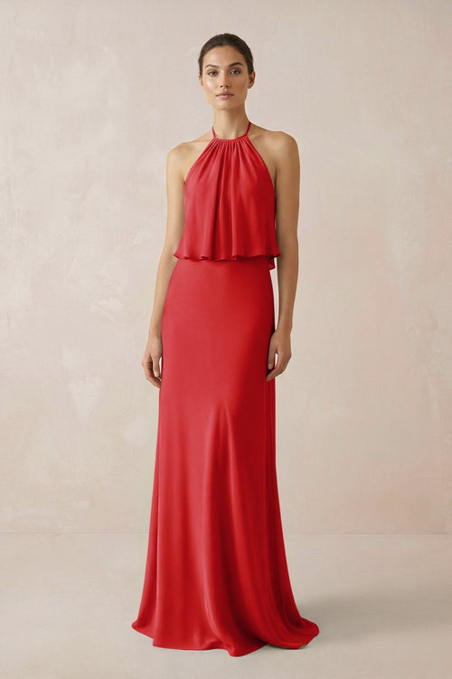 Halter Sheath Ruffled Chiffon Bridesmaid Dress in Ruby Red - KISS BRIDAL Bridesmaid Dresses