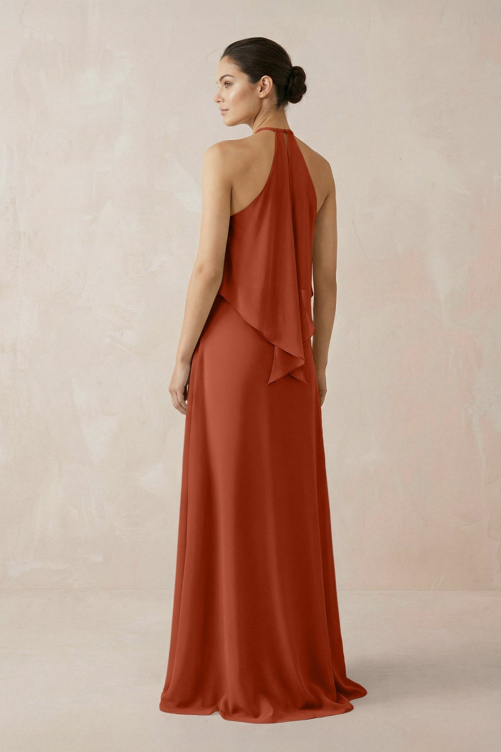 Halter Sheath Ruffled Chiffon Bridesmaid Dress in Spice