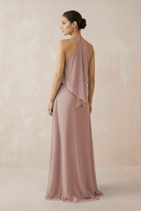 Halter Sheath Ruffled Chiffon Bridesmaid Dress in Toffee (2) | KISSBRIDAL