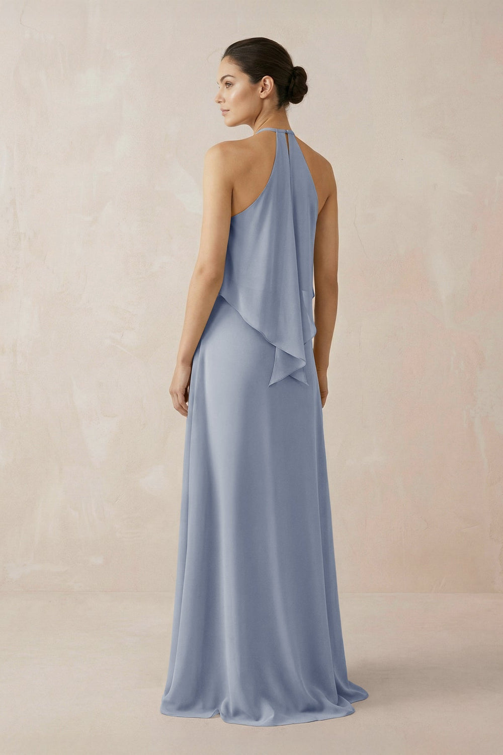 Halter Sheath Ruffled Chiffon Bridesmaid Dress in Twilight