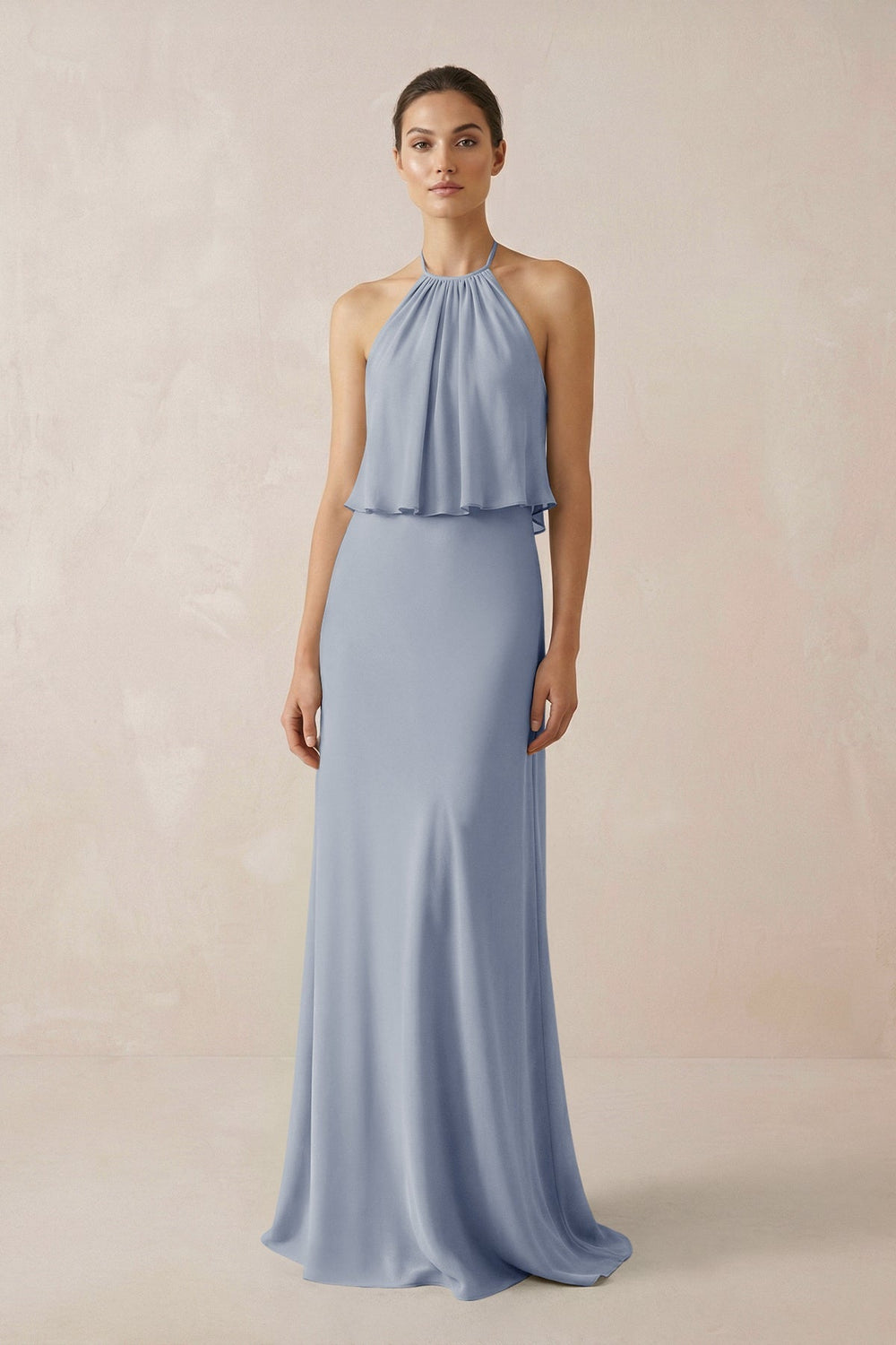 Halter Sheath Ruffled Chiffon Bridesmaid Dress in Twilight