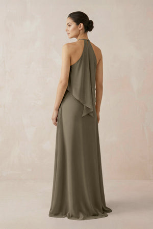 Halter Sheath Ruffled Chiffon Bridesmaid Dress in Willow Green - KISS BRIDAL Bridesmaid Dresses