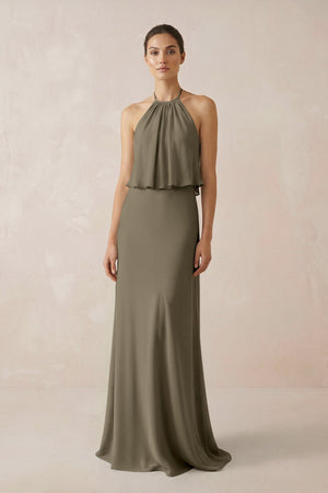 Halter Sheath Ruffled Chiffon Bridesmaid Dress in Willow Green - KISS BRIDAL Bridesmaid Dresses