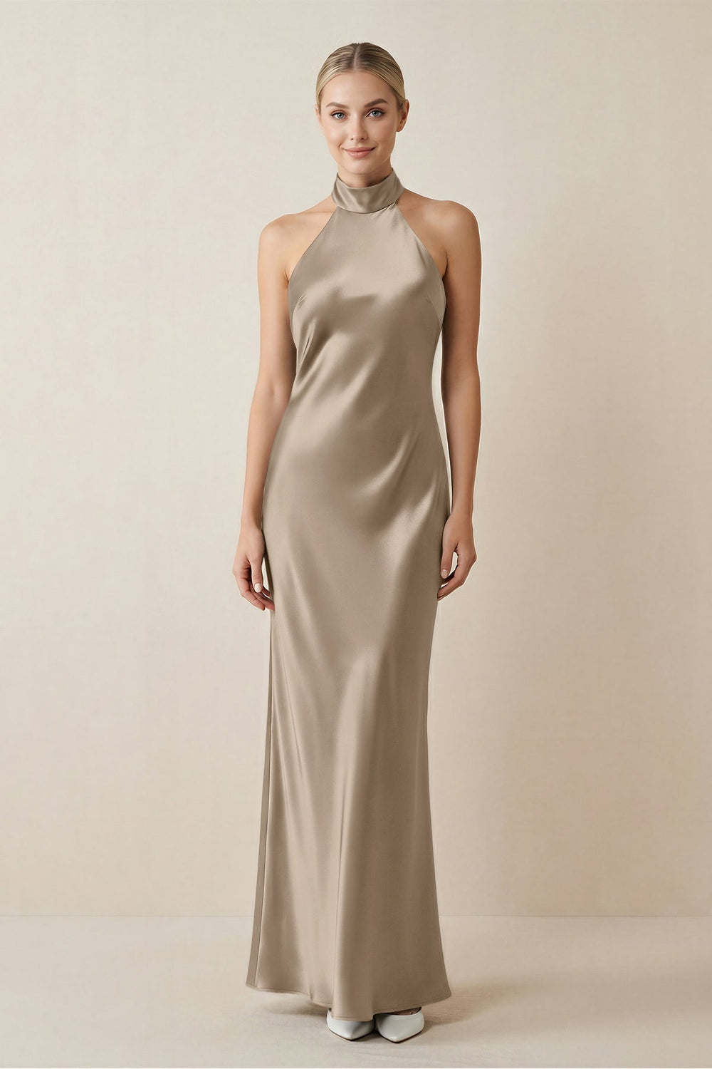 Halter Sheath Satin Bridesmaid Dress in Almond