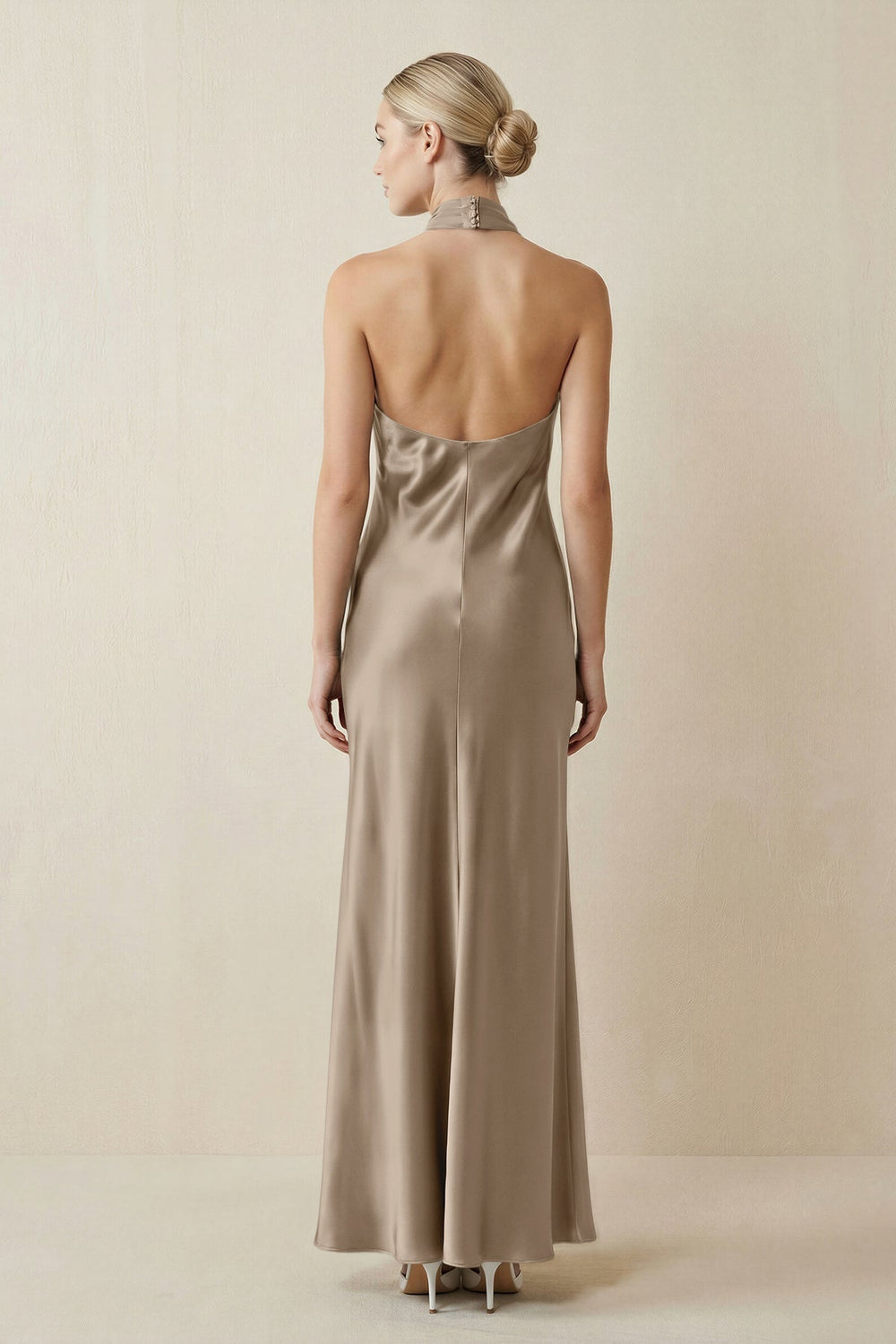 Halter Sheath Satin Bridesmaid Dress in Almond