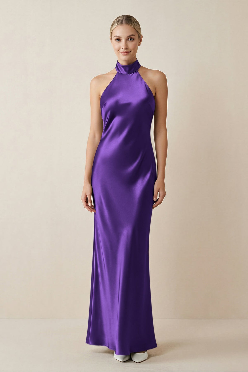 Halter Sheath Satin Bridesmaid Dress in Amethyst