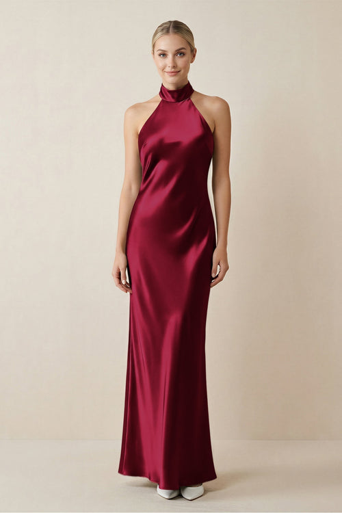 Halter Sheath Satin Bridesmaid Dress in Berry - KISS BRIDAL Bridesmaid Dresses