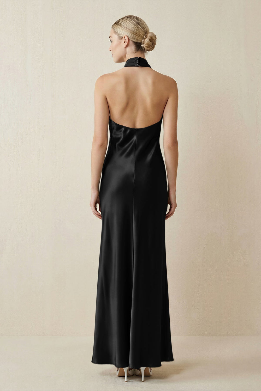 Halter Sheath Satin Bridesmaid Dress in Black