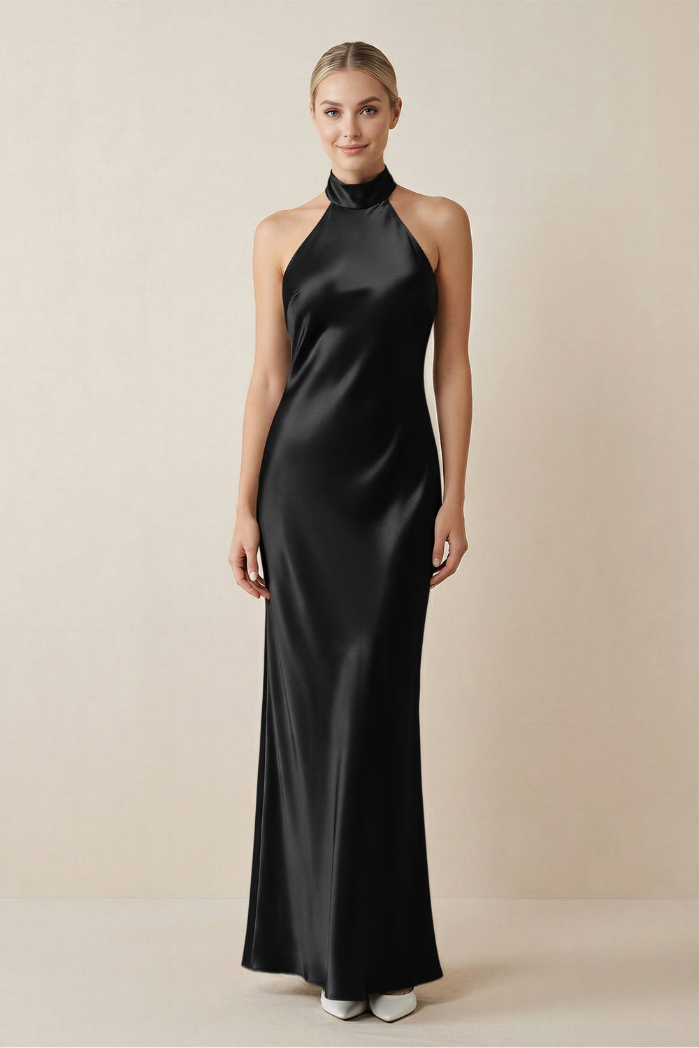 Halter Sheath Satin Bridesmaid Dress in Black