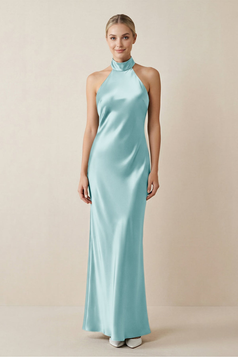 Halter Sheath Satin Bridesmaid Dress in Bleached Aqua