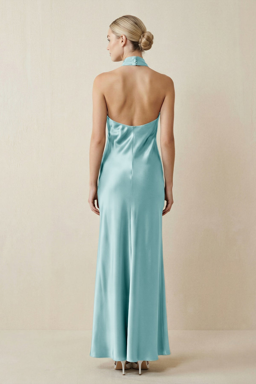 Halter Sheath Satin Bridesmaid Dress in Bleached Aqua