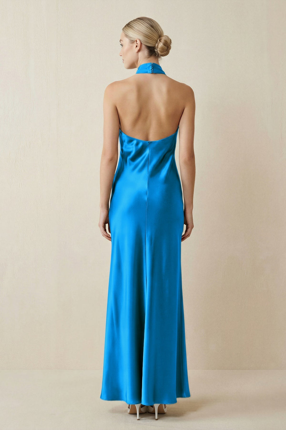Halter Sheath Satin Bridesmaid Dress in Blue Jay