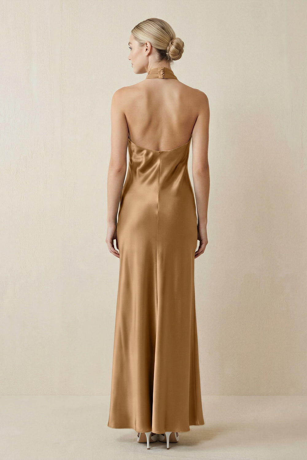 Halter Sheath Satin Bridesmaid Dress in Bronzer