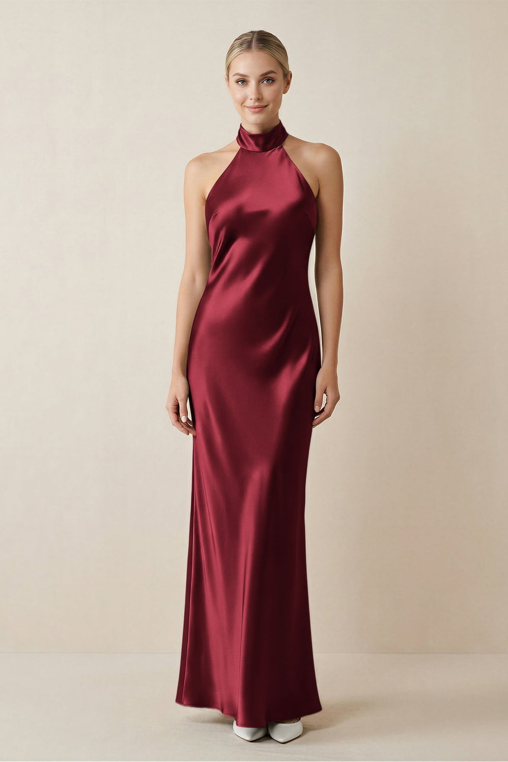 Halter Sheath Satin Bridesmaid Dress in Burgundy