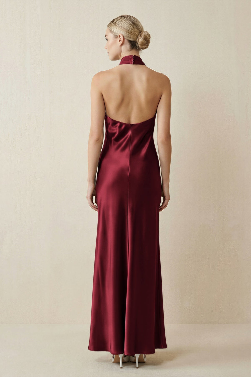 Halter Sheath Satin Bridesmaid Dress in Burgundy