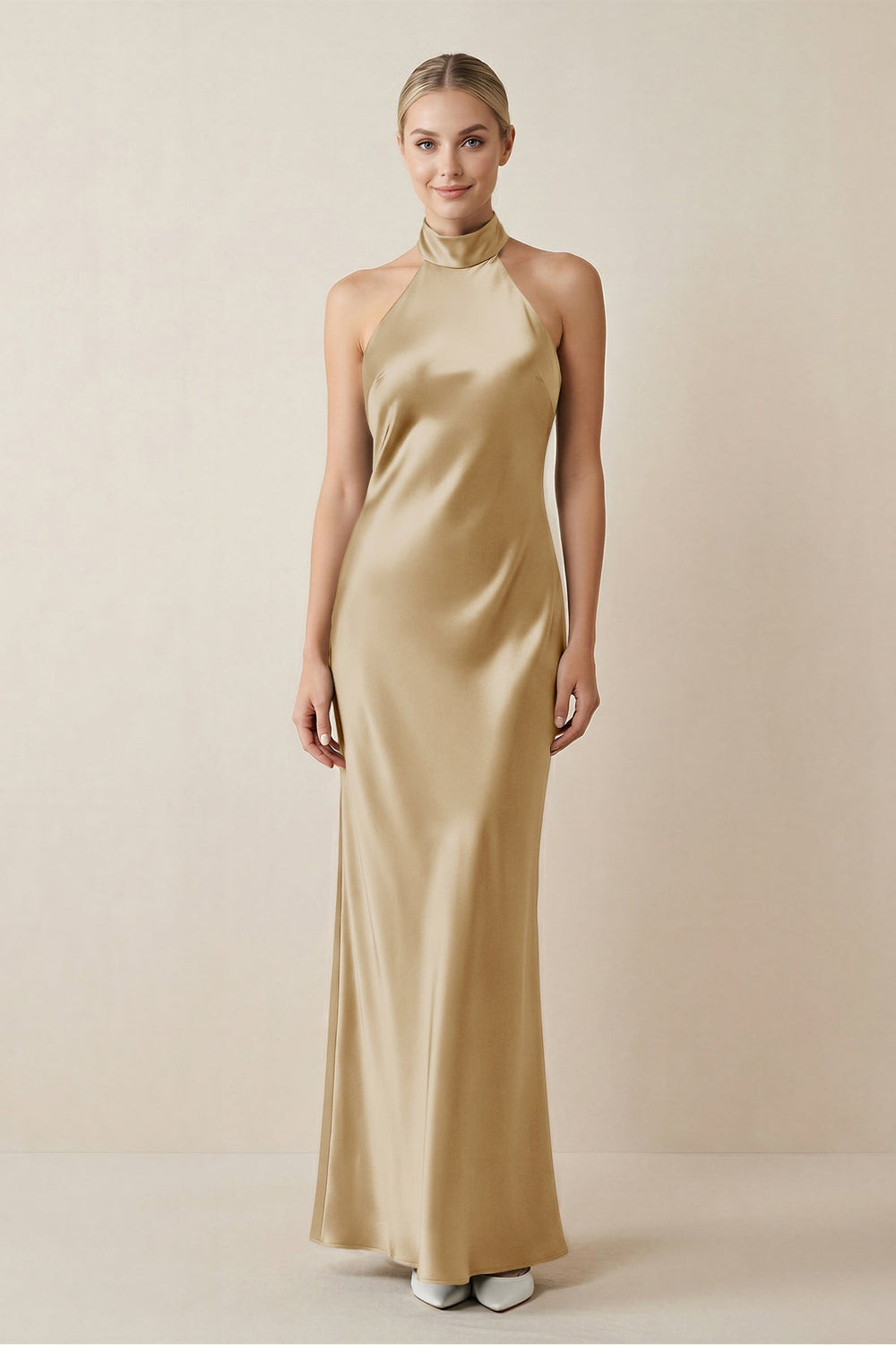 Halter Sheath Satin Bridesmaid Dress in Champagne